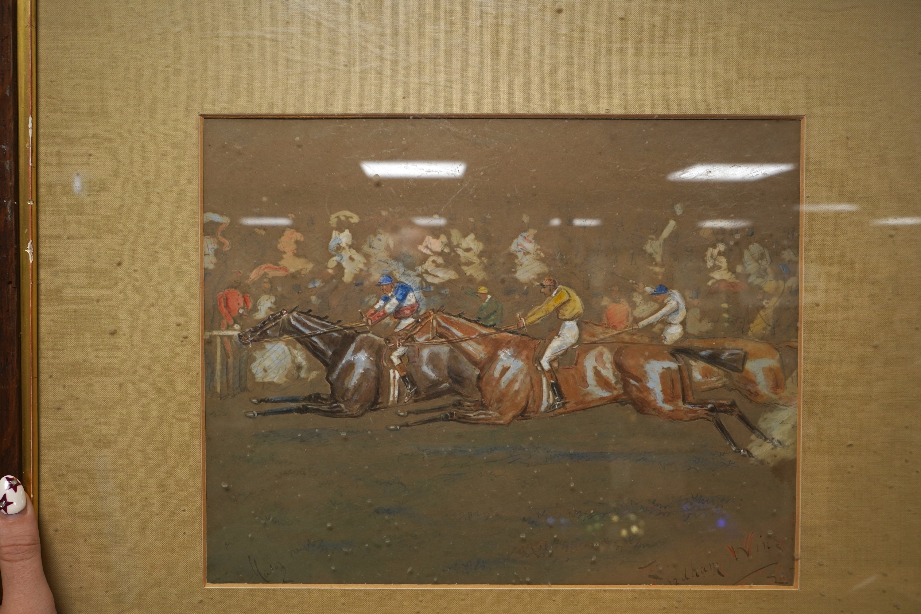George Finch Mason (1850-1915), ‘Archer Wins!’ and ‘Findham Wins!’, each signed, pair of horse racing interest watercolours, 22 x 27cm together with George Finch Mason (1850-1915), Horse racing scenes, one titled ‘Fordli